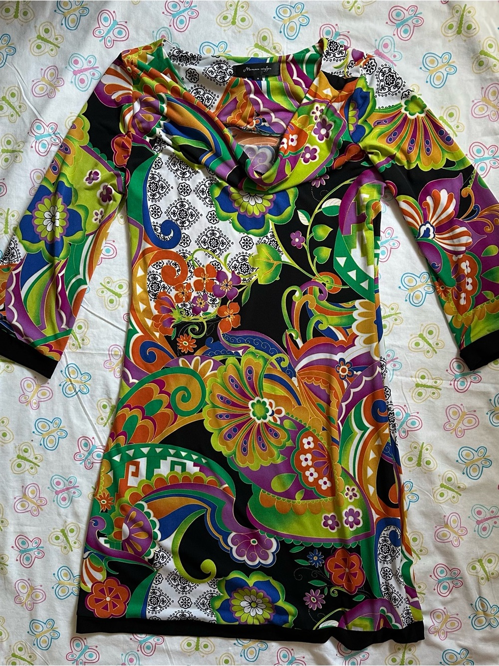 Vintage Monaco Nights Colorful Floral Pattern Cowl Neck Mini Dress